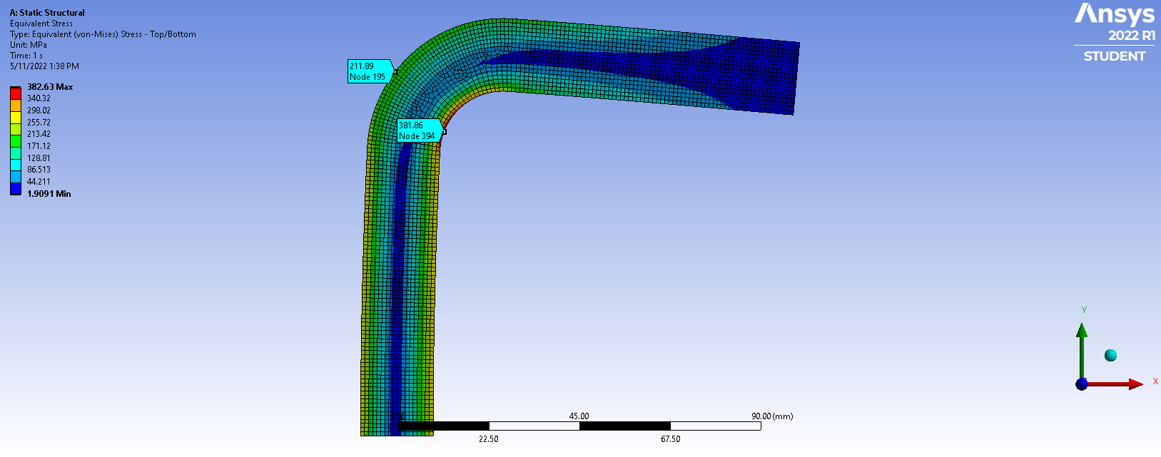 ANSYS Mechanical von Mises stress result showing a fillet radius stress concentration